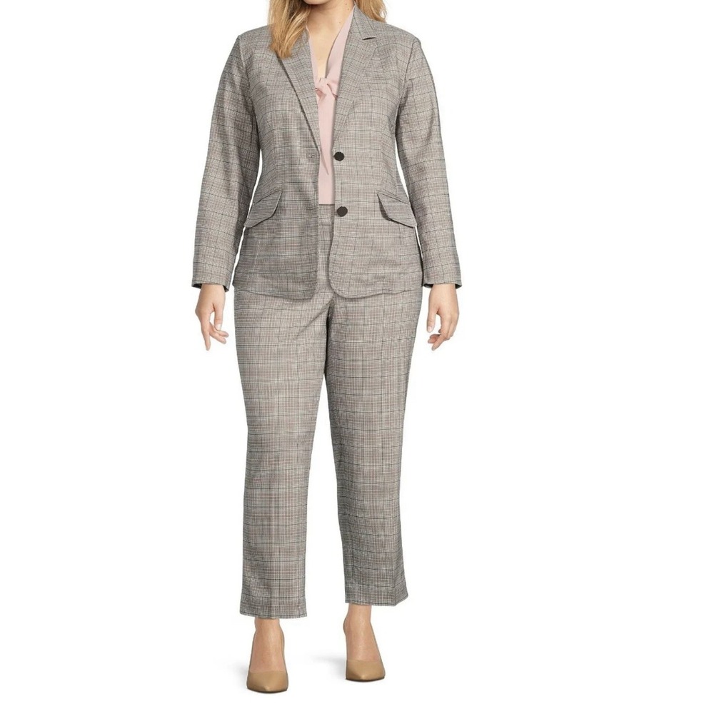KASPER,‎ BLAZER N PANTS  10 GRAY LIGHT PINK PLAID ANKLE CROPPED MID RISE NWOT